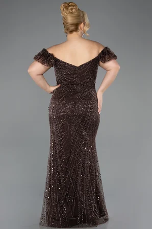 Kayık Yaka Boncuklu Uzun Büyük Beden Abiye ABU5548