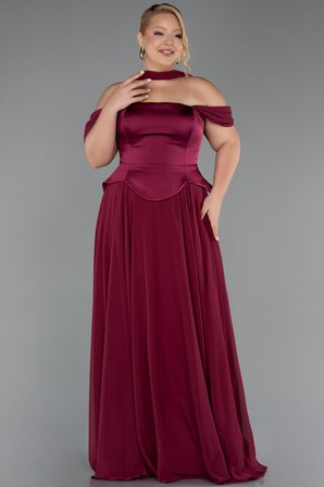 Saten Kayık Yaka Uzun Şifon Büyük Beden Abiye ABU5551
