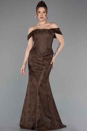 Kayık Yaka Peplum Kesim Uzun Dantel Abiye Elbise ABU5609