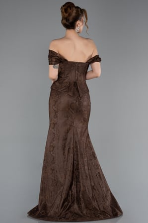 Kayık Yaka Peplum Kesim Uzun Dantel Abiye Elbise ABU5609