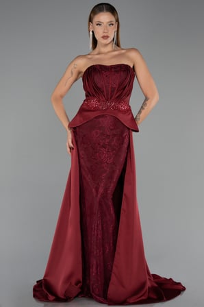 Straplez Peplum Kesim Kuyruklu Uzun Dantel Abiye ABU5615