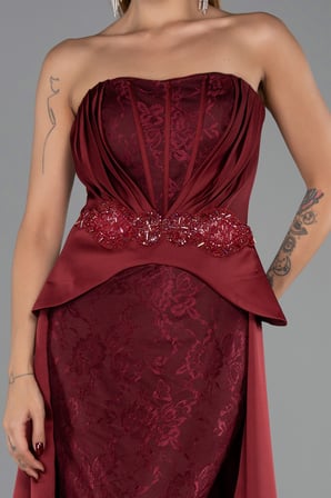Straplez Peplum Kesim Kuyruklu Uzun Dantel Abiye ABU5615