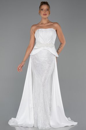 Straplez Peplum Kesim Kuyruklu Uzun Dantel Abiye ABU5615