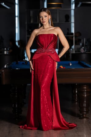 Straplez Peplum Kesim Kuyruklu Uzun Dantel Abiye ABU5615