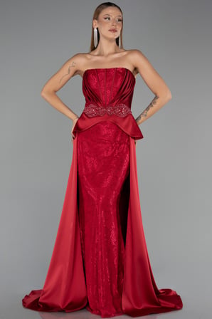 Straplez Peplum Kesim Kuyruklu Uzun Dantel Abiye ABU5615