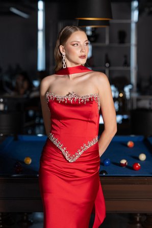 Taşlı Straplez Peplum Kesim Uzun Saten Balık Abiye ABU5644
