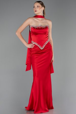 Taşlı Straplez Peplum Kesim Uzun Saten Balık Abiye ABU5644