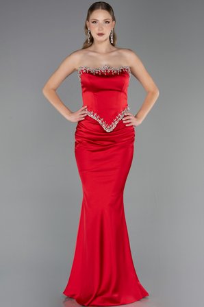 Taşlı Straplez Peplum Kesim Uzun Saten Balık Abiye ABU5644