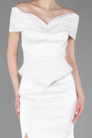Drapeli Kayık Yaka Peplum Uzun Saten Abiye ABU5785