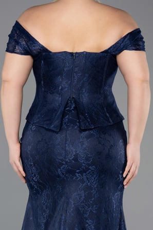 Kayık Yaka Peplum Uzun Dantel Büyük Beden Abiye ABU5824