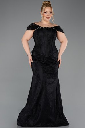 Kayık Yaka Peplum Uzun Dantel Büyük Beden Abiye ABU5824