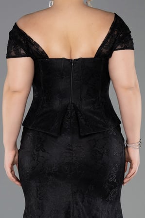 Kayık Yaka Peplum Uzun Dantel Büyük Beden Abiye ABU5824