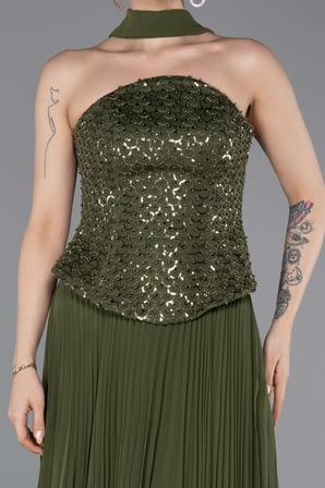 Boncuklu Straplez Yaka Peplum Uzun Şifon Abiye ABU6011