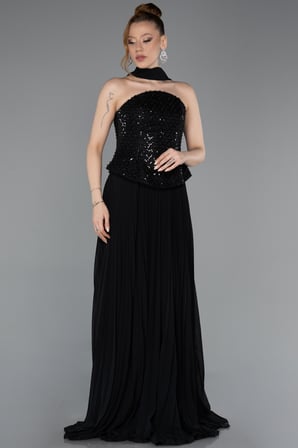 Boncuklu Straplez Yaka Peplum Uzun Şifon Abiye ABU6011