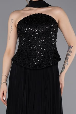 Boncuklu Straplez Yaka Peplum Uzun Şifon Abiye ABU6011