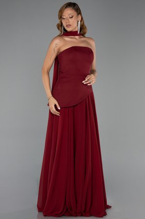 Straplez Peplum Kesim Şallı Uzun Şifon Abiye ABU6042