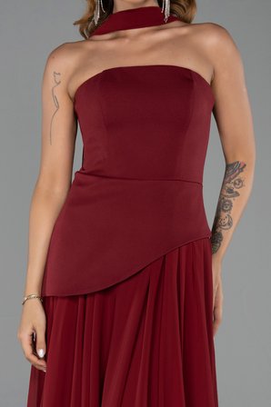 Straplez Peplum Kesim Şallı Uzun Şifon Abiye ABU6042
