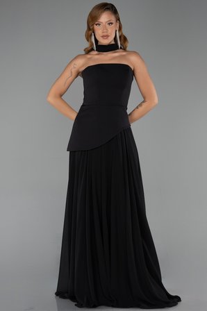 Straplez Peplum Kesim Şallı Uzun Şifon Abiye ABU6042