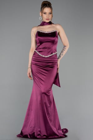 Taşlı Straplez Peplum Uzun Saten Mezuniyet Elbise ABU6079