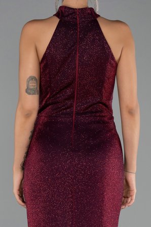Halter Yaka Yırtmaçlı Uzun Simli Abiye Elbise ABU6083