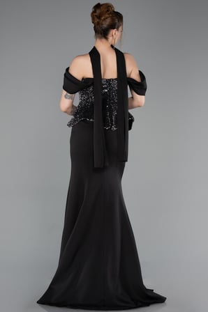 Üstü Pullu Kayık Yaka Peplum Uzun Abiye ABU6094