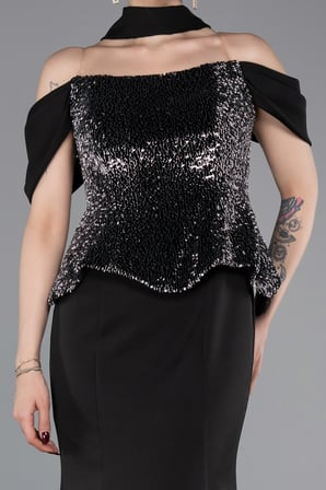 Üstü Pullu Kayık Yaka Peplum Uzun Abiye ABU6094