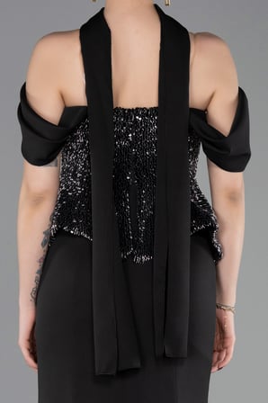 Üstü Pullu Kayık Yaka Peplum Uzun Abiye ABU6094