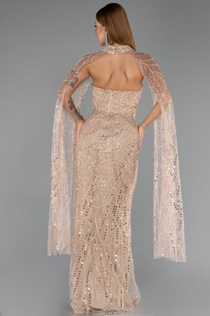 Halter Yaka Pelerin Detay Uzun Boncuklu Abiye ABU6154