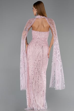 Halter Yaka Pelerin Detay Uzun Boncuklu Abiye ABU6154