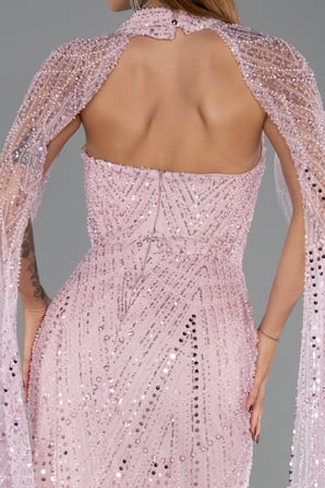 Halter Yaka Pelerin Detay Uzun Boncuklu Abiye ABU6154