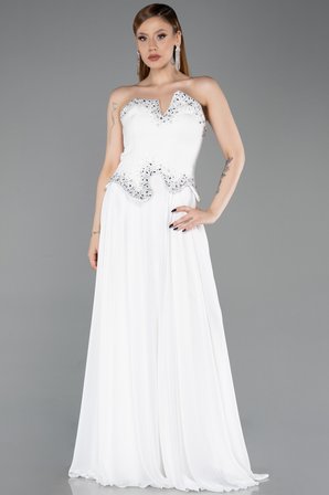 Taşlı Asimetrik Straplez Peplum Uzun Şifon Abiye ABU6188