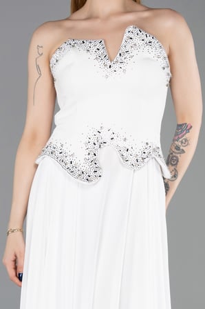 Taşlı Asimetrik Straplez Peplum Uzun Şifon Abiye ABU6188