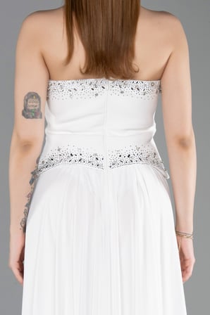 Taşlı Asimetrik Straplez Peplum Uzun Şifon Abiye ABU6188