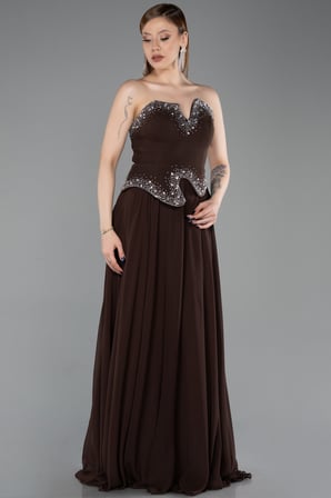 Taşlı Asimetrik Straplez Peplum Uzun Şifon Abiye ABU6188
