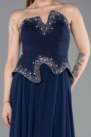 Taşlı Asimetrik Straplez Peplum Uzun Şifon Abiye ABU6188