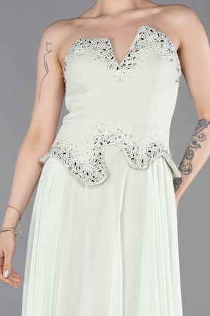Taşlı Asimetrik Straplez Peplum Uzun Şifon Abiye ABU6188