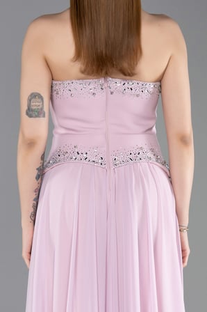 Taşlı Asimetrik Straplez Peplum Uzun Şifon Abiye ABU6188