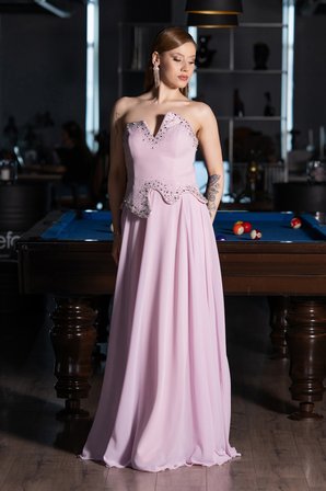 Taşlı Asimetrik Straplez Peplum Uzun Şifon Abiye ABU6188
