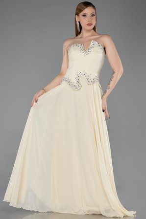 Taşlı Asimetrik Straplez Peplum Uzun Şifon Abiye ABU6188