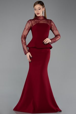 Dantelli Uzun Kol Peplum Balık Abiye Elbise ABU6194