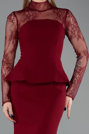 Dantelli Uzun Kol Peplum Balık Abiye Elbise ABU6194