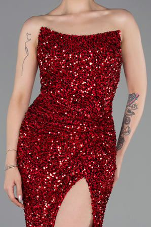 Straplez Yırtmaçlı Uzun Pullu Mezuniyet Elbisesi ABU6218