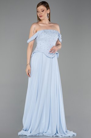 Kayık Yaka Taşlı Peplum Kesim Uzun Şifon Abiye ABU6221