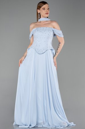 Kayık Yaka Taşlı Peplum Kesim Uzun Şifon Abiye ABU6221