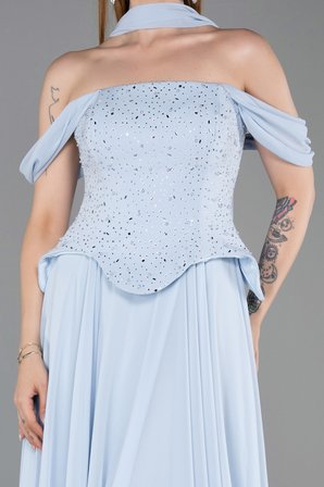 Kayık Yaka Taşlı Peplum Kesim Uzun Şifon Abiye ABU6221