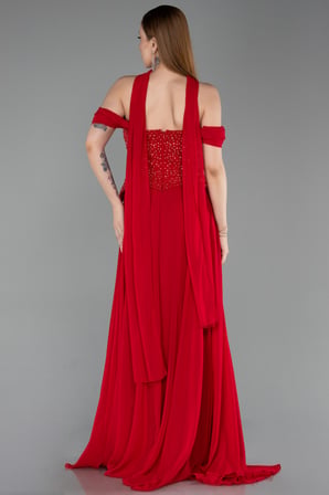 Kayık Yaka Taşlı Peplum Kesim Uzun Şifon Abiye ABU6221