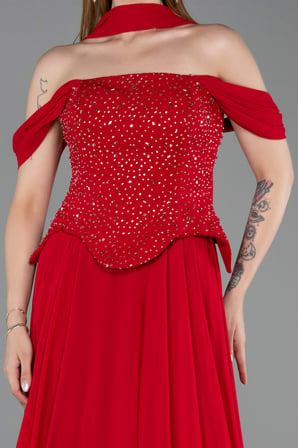 Kayık Yaka Taşlı Peplum Kesim Uzun Şifon Abiye ABU6221