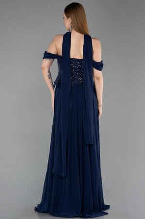 Kayık Yaka Taşlı Peplum Kesim Uzun Şifon Abiye ABU6221