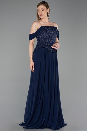 Kayık Yaka Taşlı Peplum Kesim Uzun Şifon Abiye ABU6221