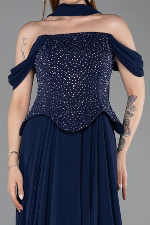 Kayık Yaka Taşlı Peplum Kesim Uzun Şifon Abiye ABU6221